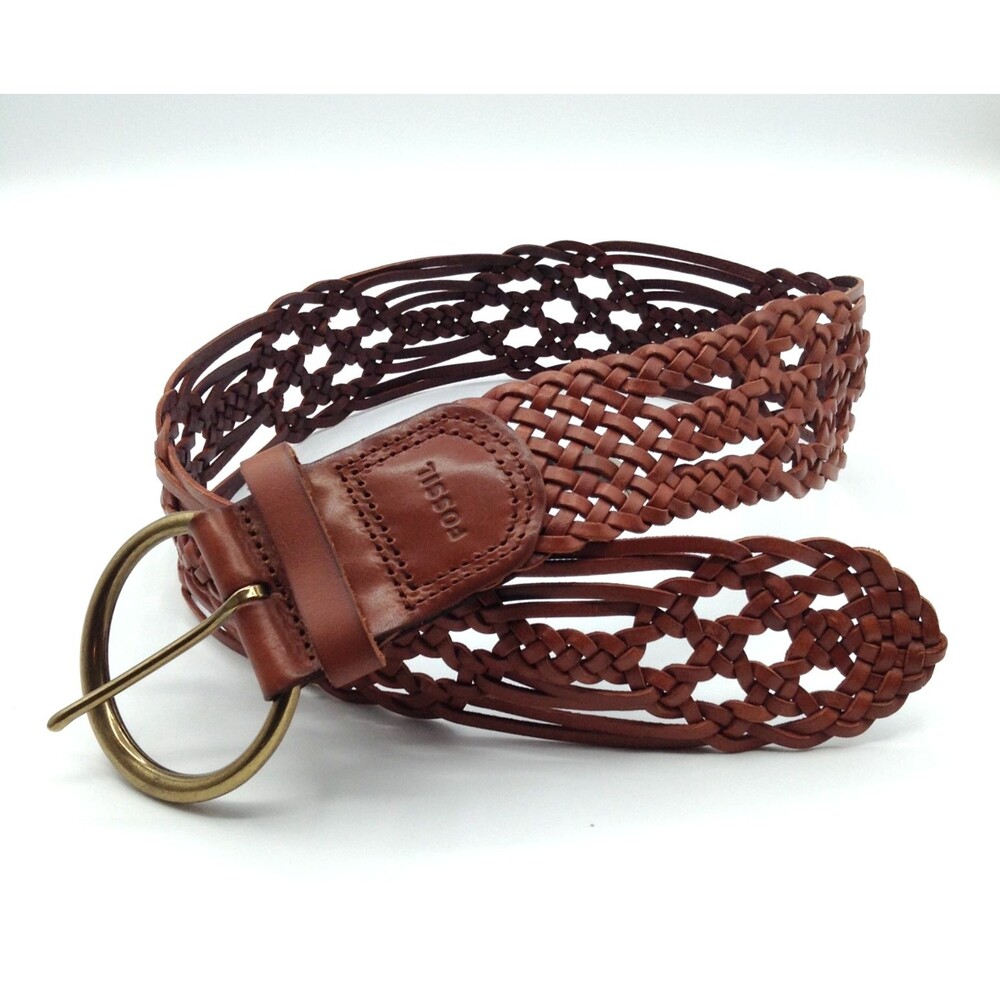 Fossil Leather Belt Wn S Brown Braided Woven Brass Buckle Boho Western Cowgirl
